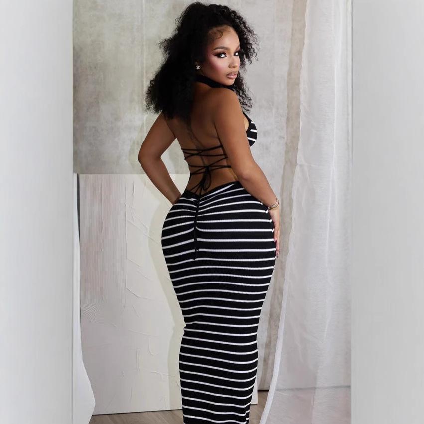 Women'S Clothing European And American Fashion Sexy Striped Small Turtleneck Long Dress