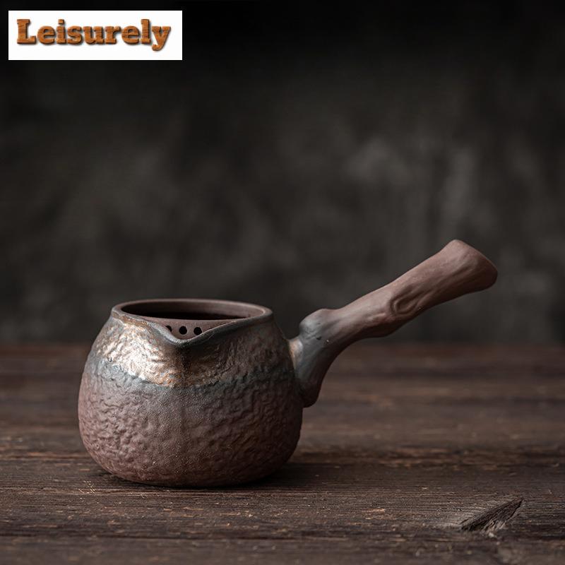 Japanese Style Gilded Iron Glaze Charcoal Stove Tea Brewing Lifting Beam Pot Open Flame Burning Rough Pottery Side Hanlde Kettle