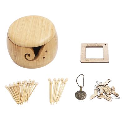 Wooden Yarn Bowl Crochet Bowl with Lid Round Bamboo Wood Knitting Bowl with Holes and Crochet Hooks