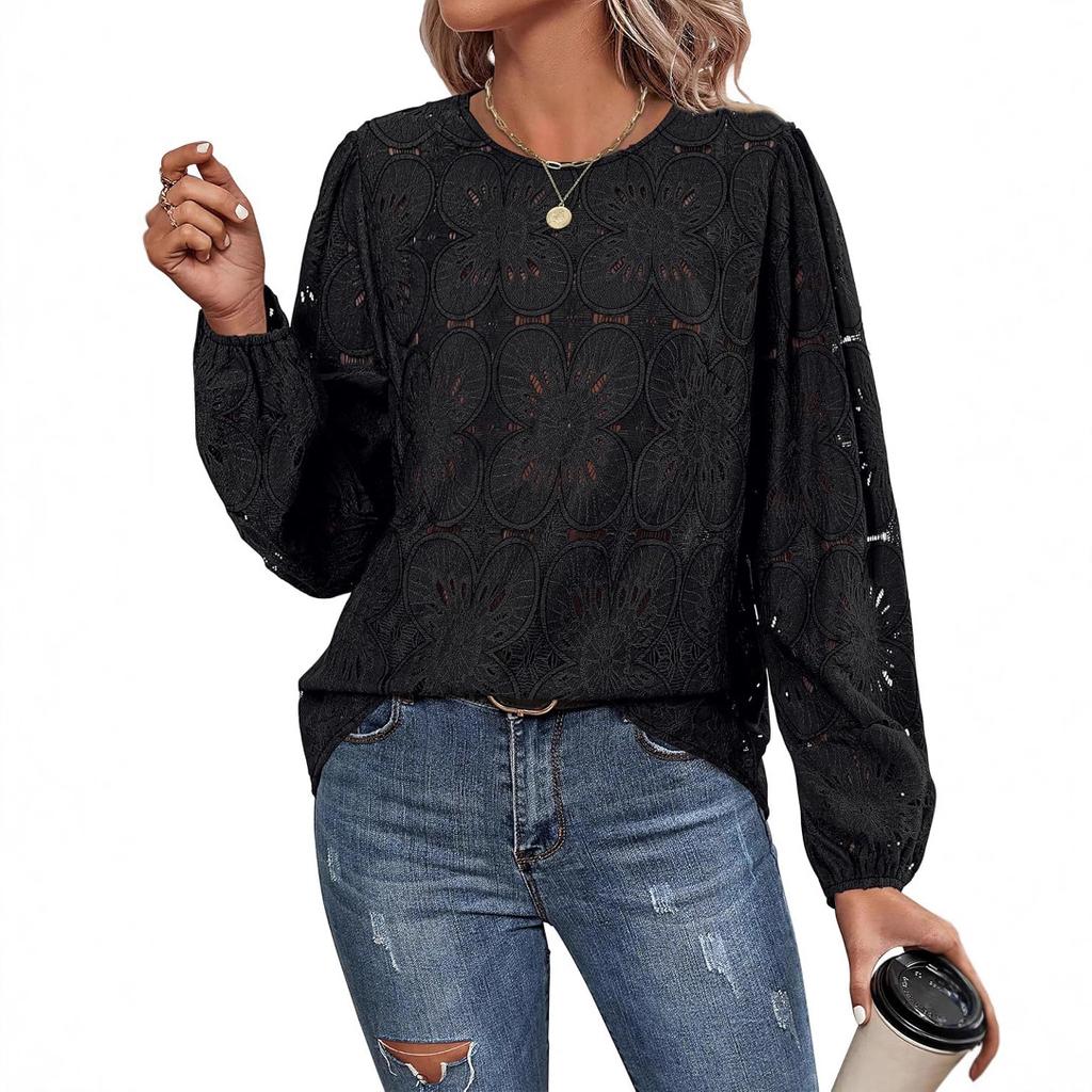 Women's Solid Color Round Neck Elegant Petal Hollow Long-sleeved T-shirt