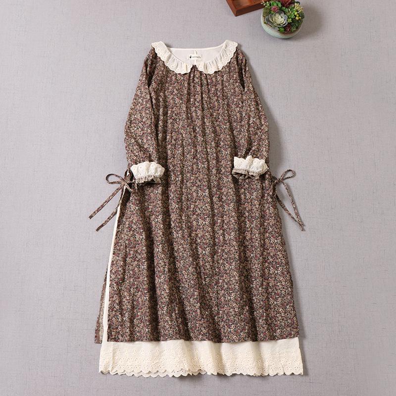 Japanese Mori Girl Spring Autumn Women Cotton Linen Dress Peter Pan Collar Floral Print Retro Dress Embroidery Hollow Out Elegant Vintage Dress