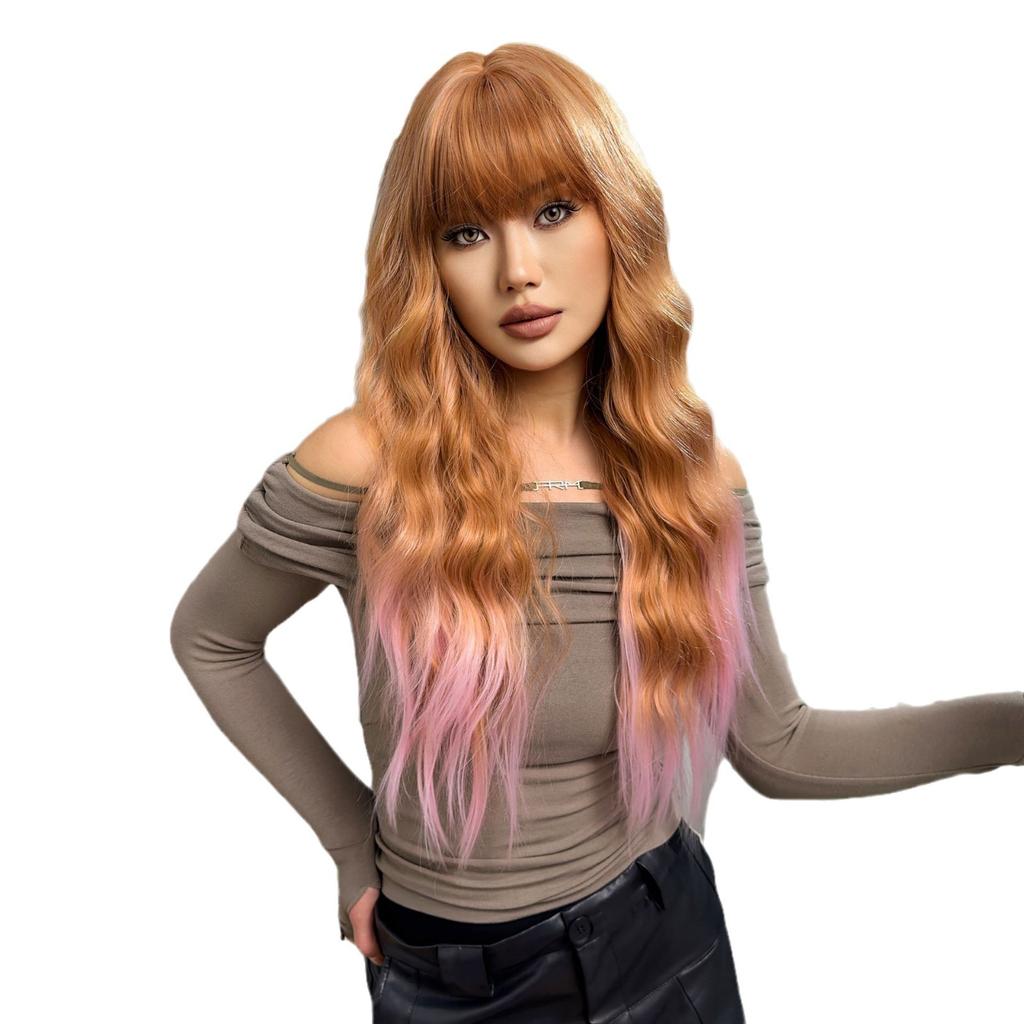 2024 New Brown Gradual Change Pink Hair Tail Dye Qi Bangs Big Waves Long Curly Hair Fashion Wig Full Head Hairstyle