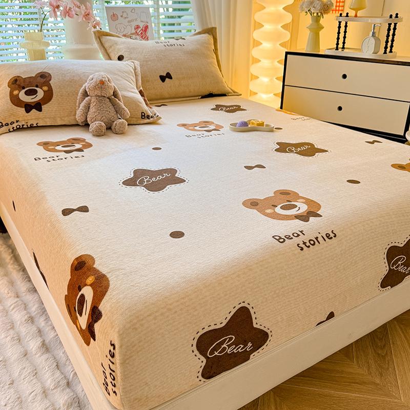 Soft Bedsheet Warmth Fitted Sheet Cartoon Style Bed Linen Velvet Bed Cover Sheets with Elastic Band Drap De Lit (No Pillowcase)