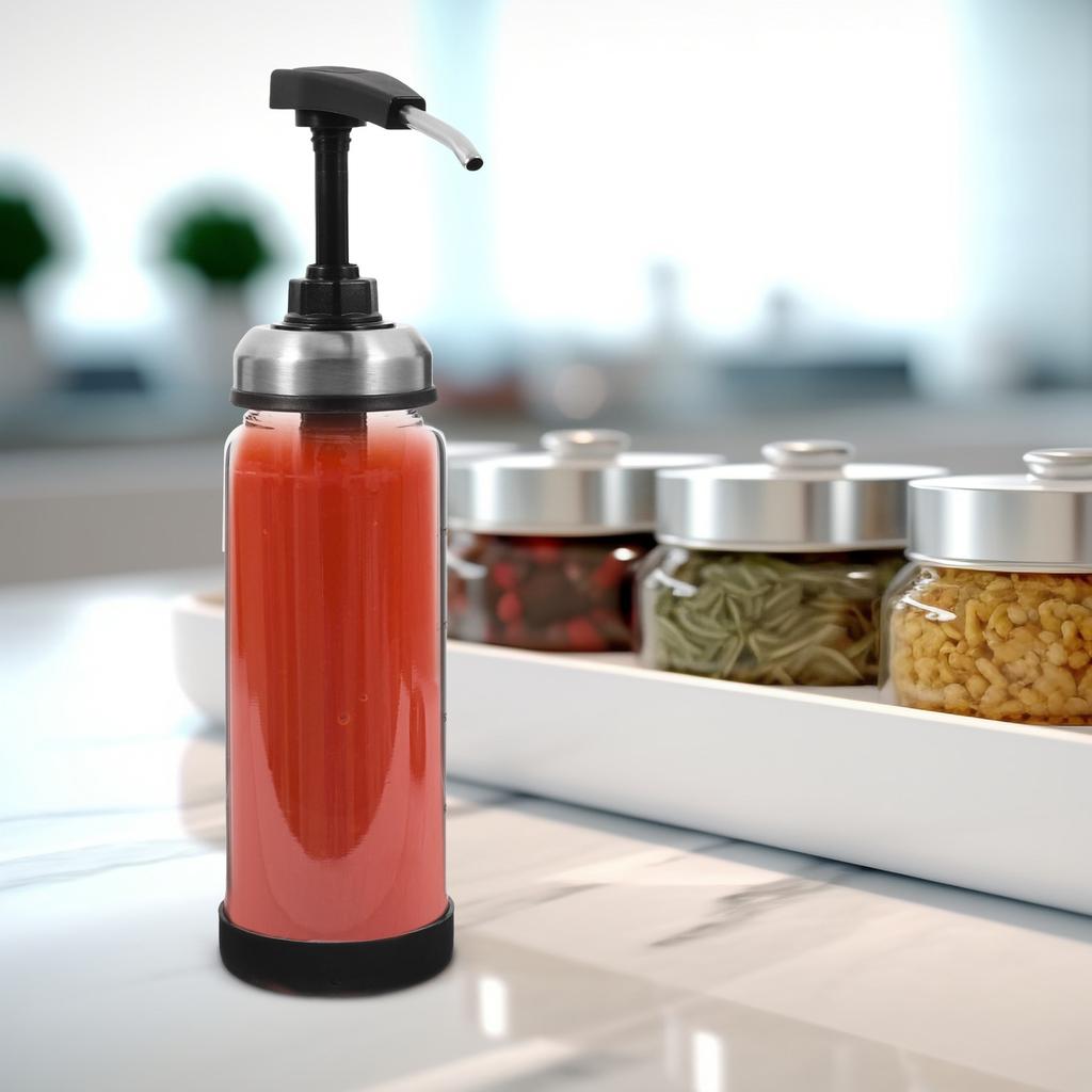 300Ml Premium Sauce Dispenser Bottle Glass Body Stainless Steel Pump Precision 8Ml Per Press for Jam Soy Sauce Vinegar Maple