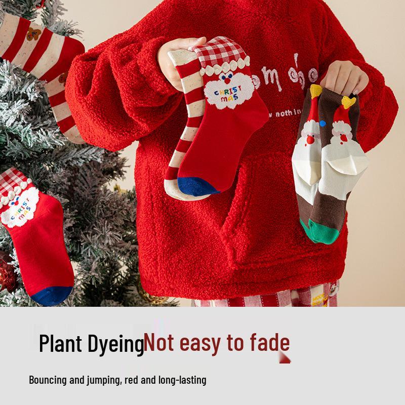 Festive Red Cartoon Mid-Calf Socks for Boys and Girls - Comfortable and Non-Constricting for Autumn and Winter