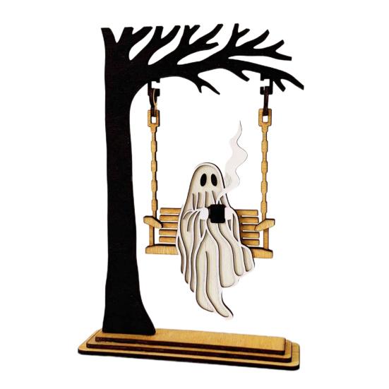 Halloween Swingy Skeleton Ornament Creepy Tree Swing Ghost Wooden Table Sign with Base Home Office Desktop Party Decoration