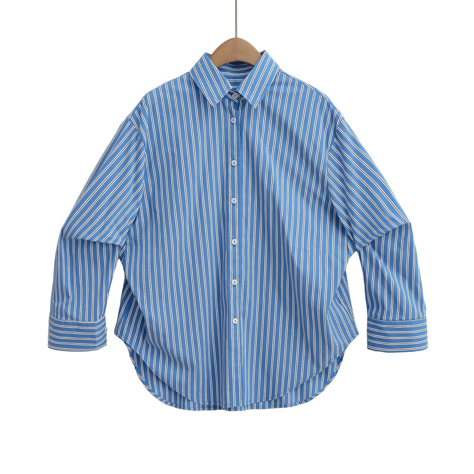 

Spring Casual Striped Lapel Cardigan Shirt 2025 - Loose Fit, Versatile Style M синій