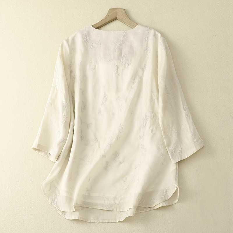 Embroidered Round Neck Shirt Cotton Linen Women's Loose Top