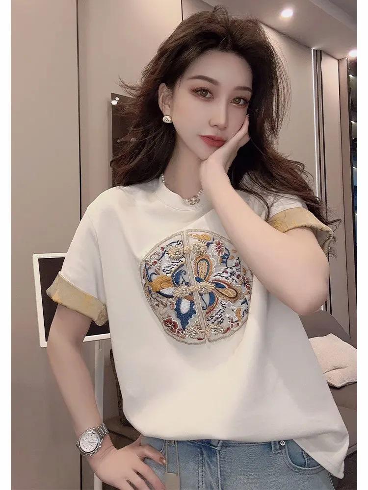 Women's Summer 2025 Color-Block Cotton Short Sleeve T-Shirt with Embroidered Chinese Style