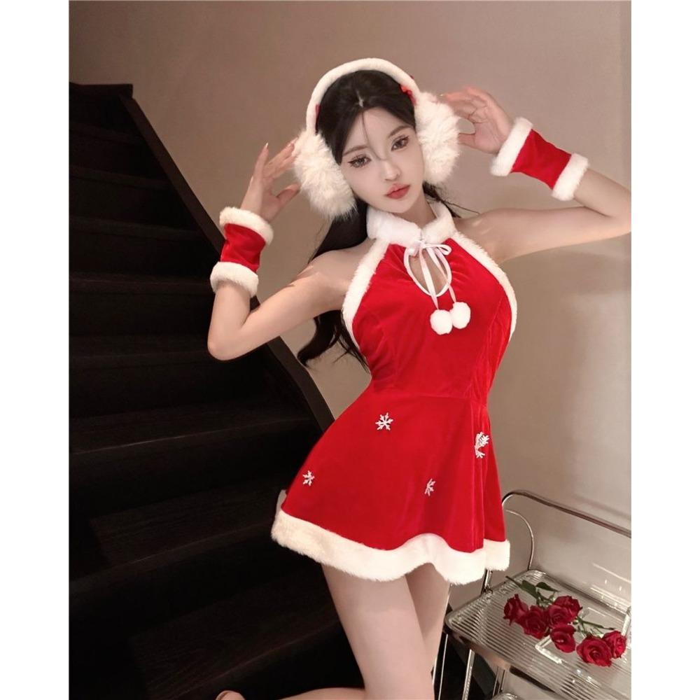 New Style for Spring Autumn and Winter Sexy and Cute New Year Red Plush Halter Neck Backless Slim and Slim Petite Christmas Dress
