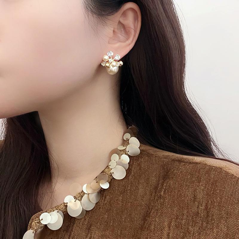 Gold-Plated Silver Zircon Flower Pearl Stud Earrings - French Retro Style for Women