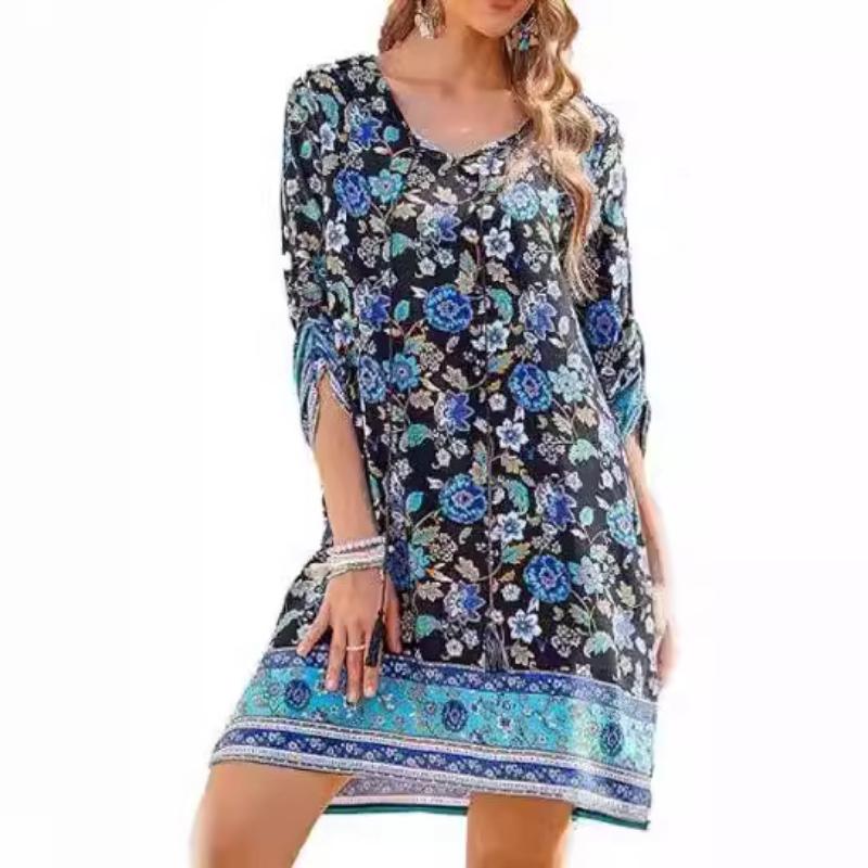 

Floral Print Black Dress with Bell Sleeves and Striped Hem, Casual Midi Dress for Women S синій