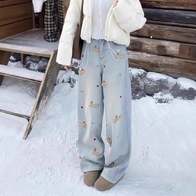 Jeans de Pierna Ancha de Terciopelo con Bordado de Perro Dachshund de Dibujos Animados para Mujer en Invierno Cintura Alta Adelgazantes Rectos Hasta el Suelo