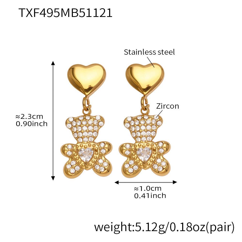 Qiong Yao Full Diamond Bear Pendant & Bamboo Joint Earring Bracelet Necklace Set - Non-fading.