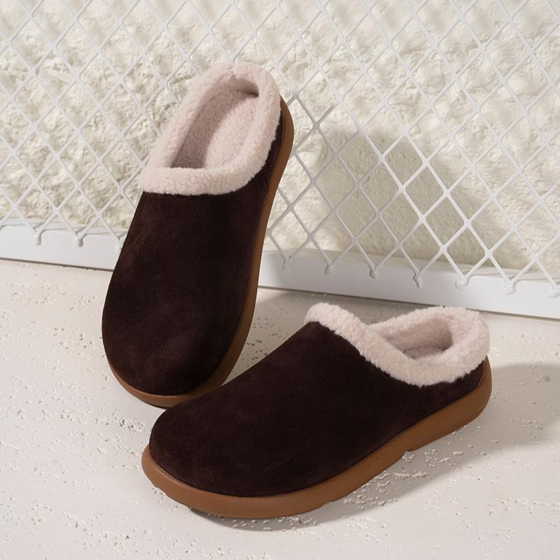 

Leather lamb wool shoes women s platform half slippers autumn and winter velvet Birkenstocks thermal cotton shoes women s hair 35 темно-коричневого