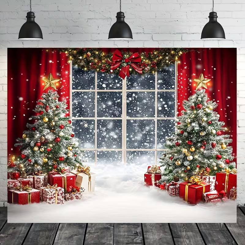 

2D Christmas Tree Snowy Window Scene Photography Backdrop 47.2x31.5inch/120*80cm