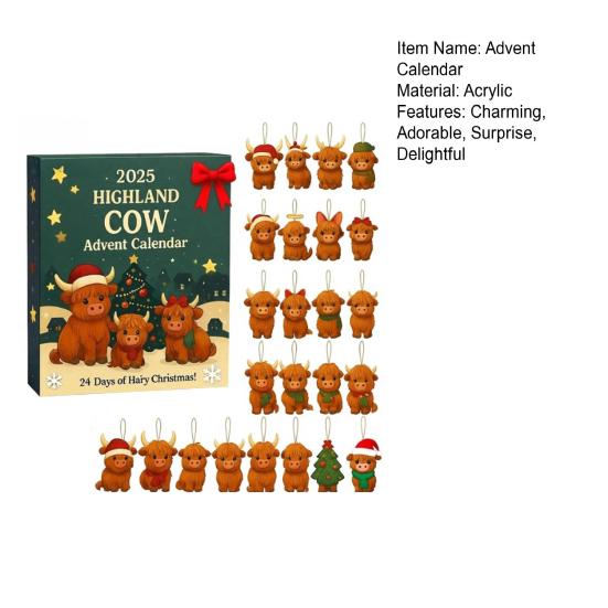 Yousheng Highland Cow Advent Calendar 2025 Cute Highland Cow Ornaments 24-Day Christmas Countdown Surprise Gifts for Christmas Tree Home Decor