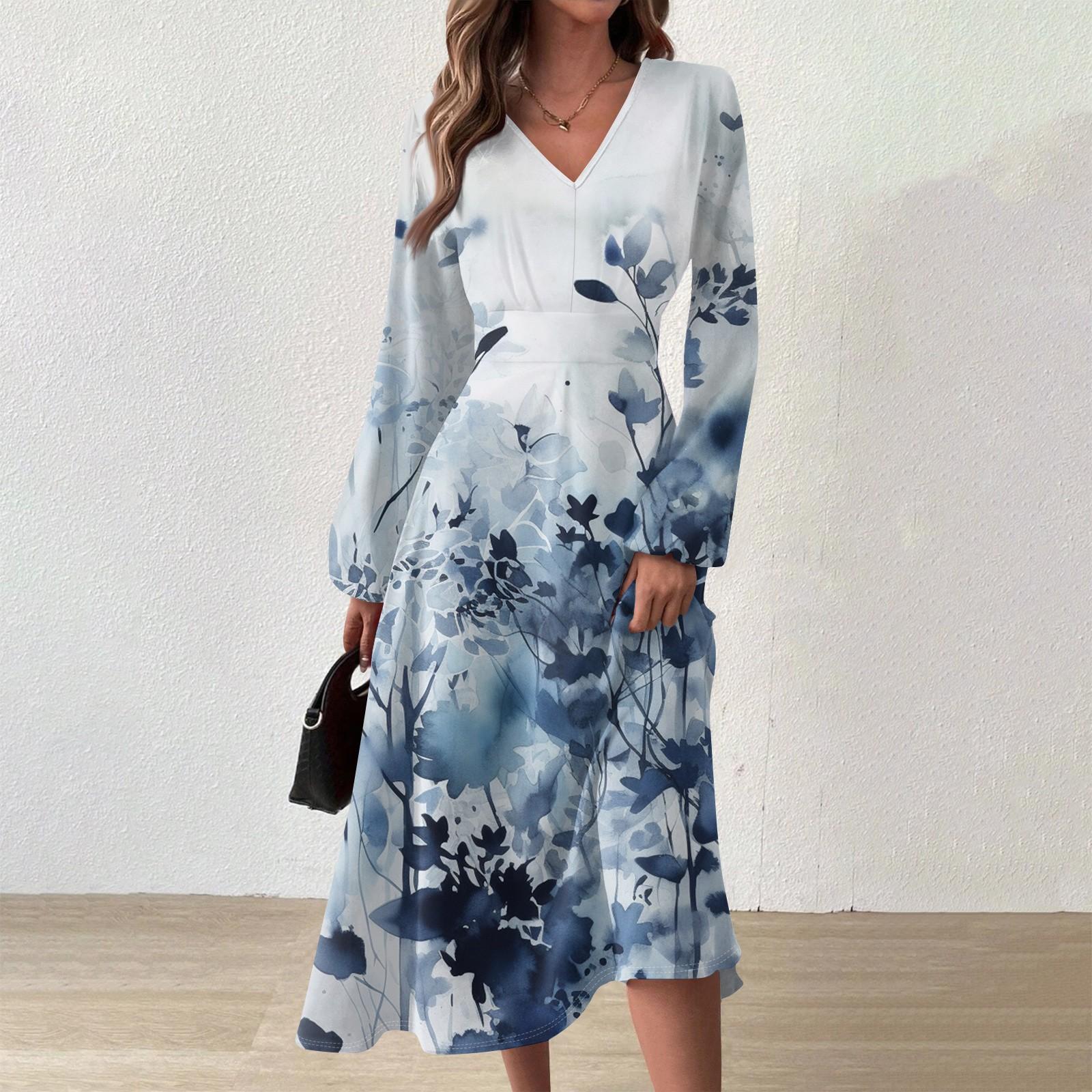 

Женское осенне-зимнее повседневное модное длинное платье с v-образным вырезом и длинным рукавом с принтом L синий