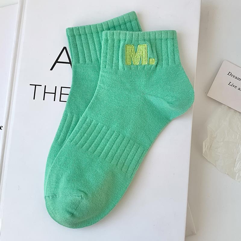 Women's Spring and Summer Short Socks, Solid-colored Cotton Socks, Embroidered Candy-colored Sports Socks, Thin Boat Socks