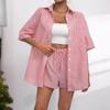 Sommer Freizeit Gestreift Damen Zweiteiliges Set Kurzarm Locker Hemd Oberteil und Shorts Anzug Damen Mode 2-teilige Sets Weiblich