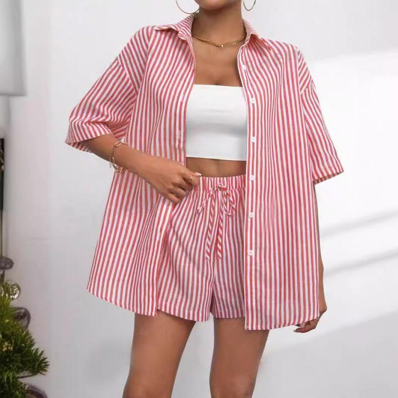 Sommer Freizeit Gestreift Damen Zweiteiliges Set Kurzarm Locker Hemd Oberteil und Shorts Anzug Damen Mode 2-teilige Sets Weiblich