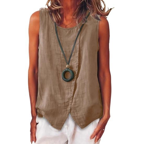 

Women Tops Crew Neck Sleeveless Side Buttons Decor Asymmetric Design Pullover Tops Pure Color Loose Fit Summer Vest XL хаки