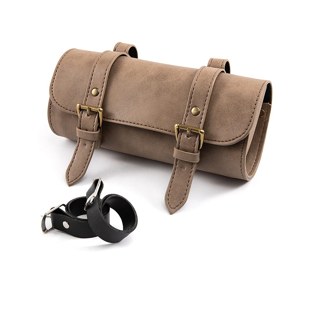 evomosa Motorcycle Saddlebag Mini Bike Fork Handlebar PU Leather Tool Storage Bag (Khaki)