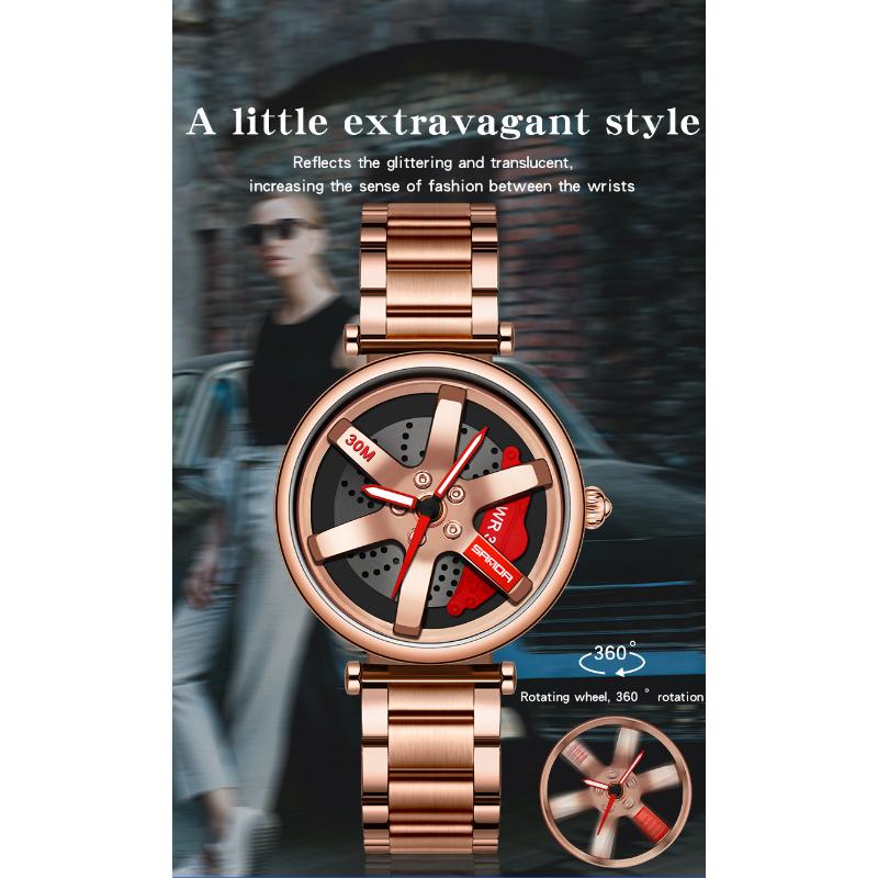 SANDA Neue frauen Uhr Auto Drehen Rotierenden Zifferblatt Weibliche Quarzuhr Casual Persönlichkeit frauen Gürtel Uhr