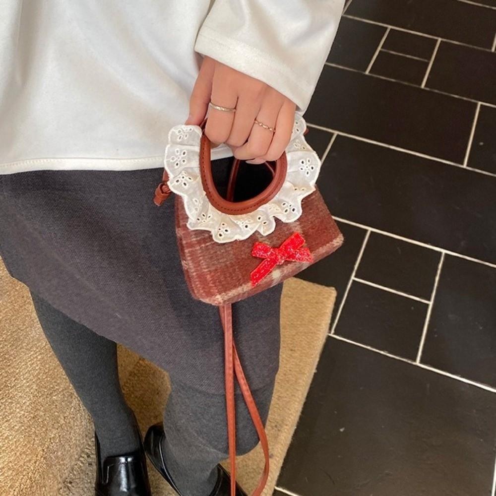 Mini Furry Handbag Shoulder Pouch Bow Shoulder Bag Fashion Plaid Crossbody Bag Women