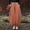 Johnature Women Vintage Winter Pants Warm Solid Color Elastic Waist Trousers Loose Pockets Female Pants
