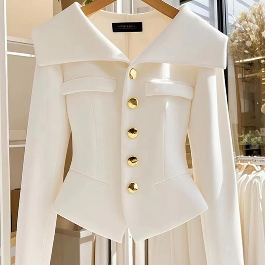 Autumn Women's White Coat Waist Long Sleeve Slim Chic Short Outwear High-End Solid Color Top Clothing Office Jackets Ladies