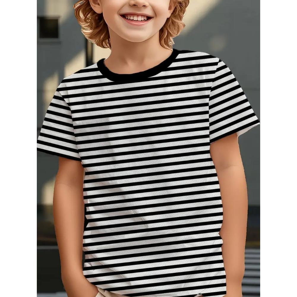 Children's clothing, solid color stripes, 3D printing, casual retro short sleeved T-shirt, summer round neck children's T-shirt