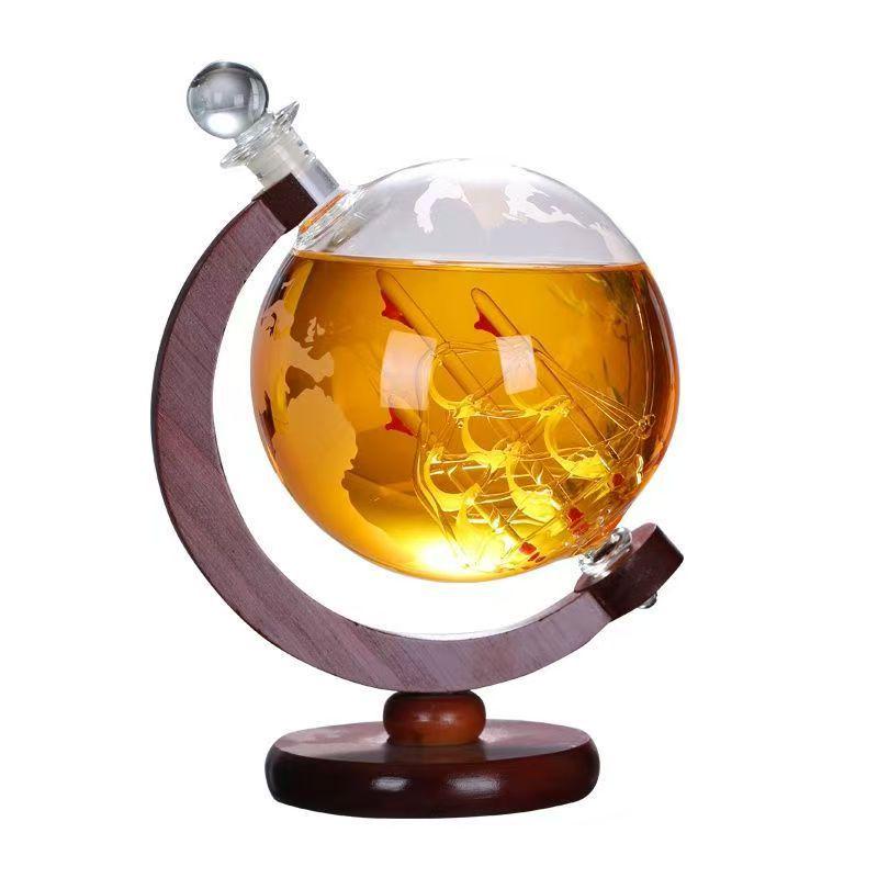 850ml Globe Decanter with Cup and Wooden Stand - Transparent Whiskey Bottle, New Model