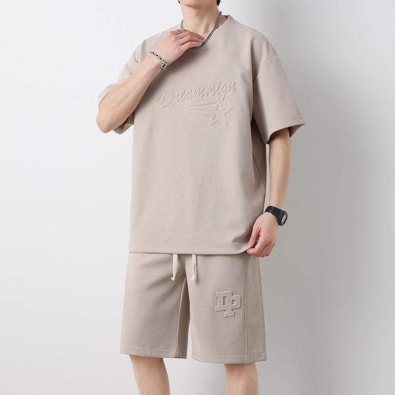 Souprava šortek s kulatým výstřihem Volný ležérní Jednobarevný Pánské tričko s krátkým rukávem Šortky Tenké