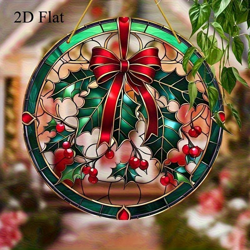 2D Flat Printing On Acrylic. 2D Flat Christmas Holly And Ivy Sun Catcher - 2D Flat Acrylic Window Hanging, Festive Red Bow Design, Suitable For Home
