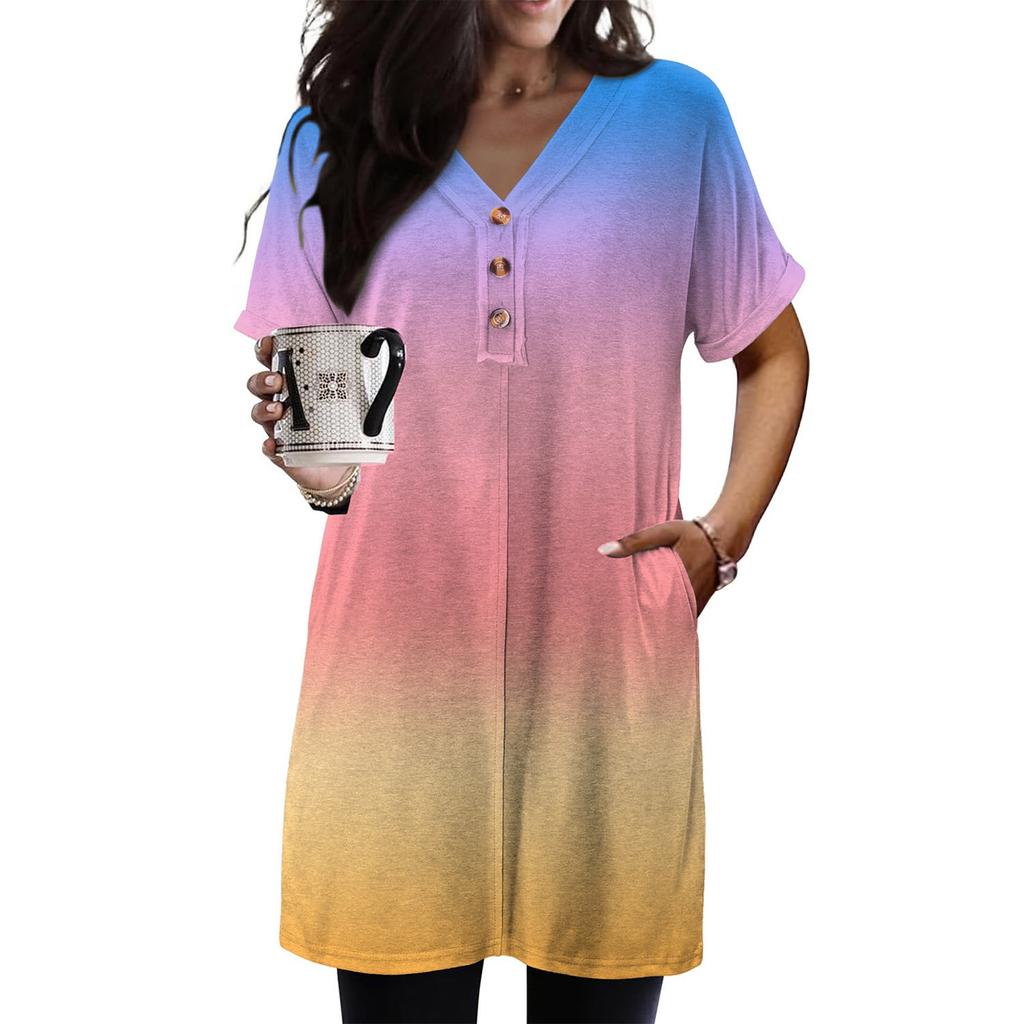 Women's Fashion Casual Short Sleeve Button V-Neck With Pocket Long Top
