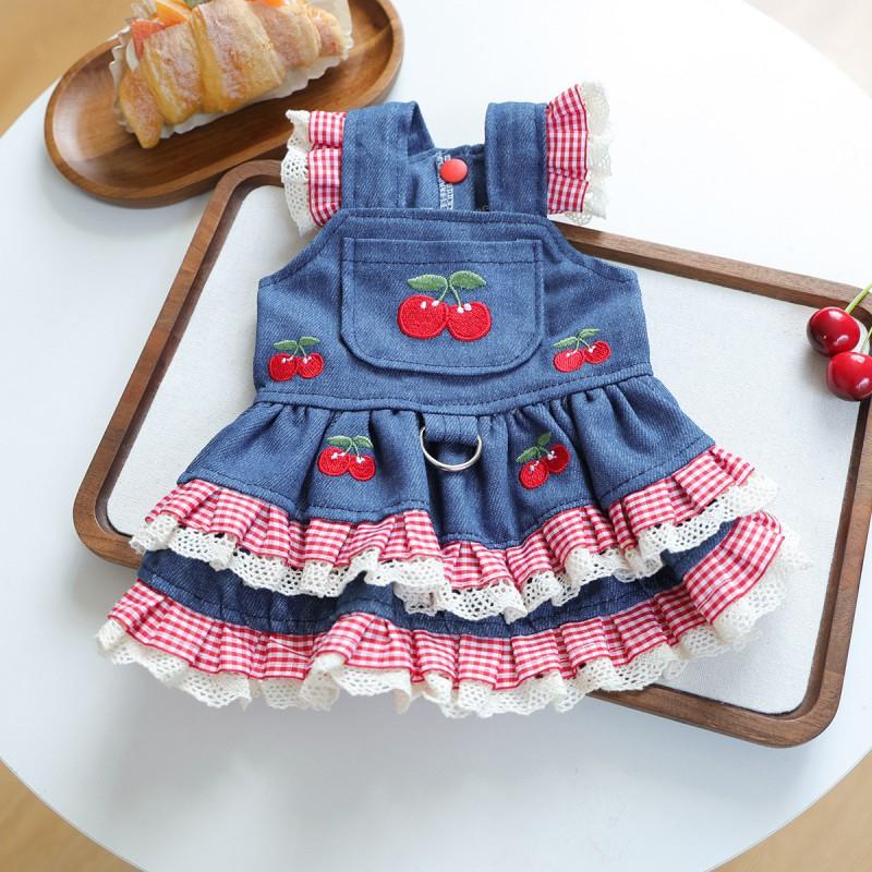 PETCIRCLE Pet Cherry Denim Dress Cute Outfit Dogs Cats