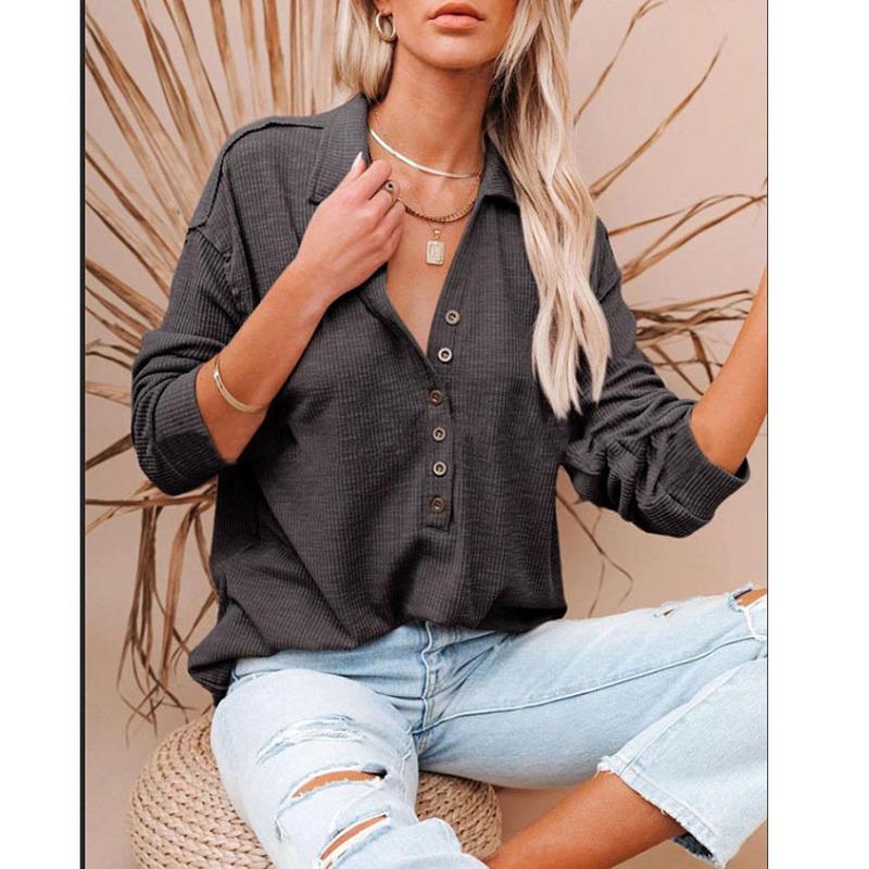 Mote T-skjorte for kvinner Høst Langermet Ensfarget V-hals Knapper Skjorter Casual Oversized Dame Topper