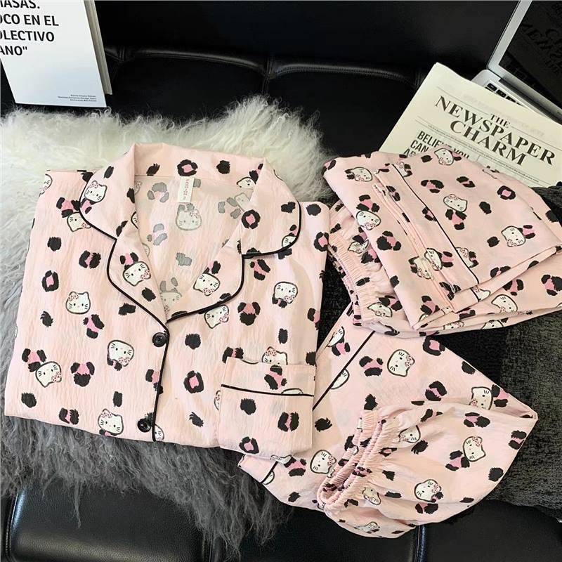 Set de pijamale de vară pentru femei cu pisicuță: Bumbac Nor Scutec cu Mânecă Scurtă, Pantaloni Scurți și Pantaloni Lungi