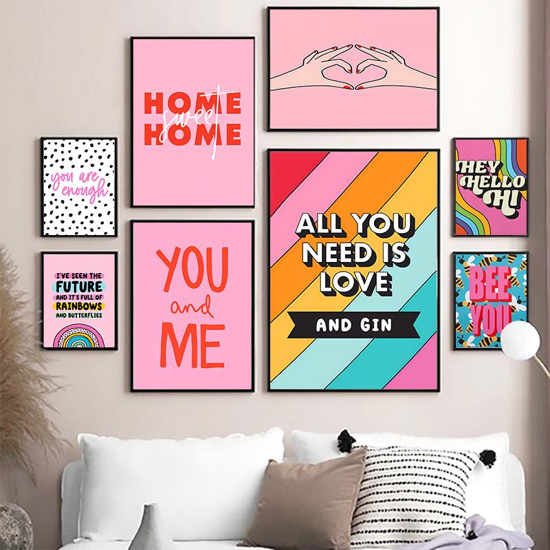 Rainbow Love Canvas Painting You Are Enough Colorful Quotes Poster Pink Wall Art For Bedroom Living Room Home Decoration