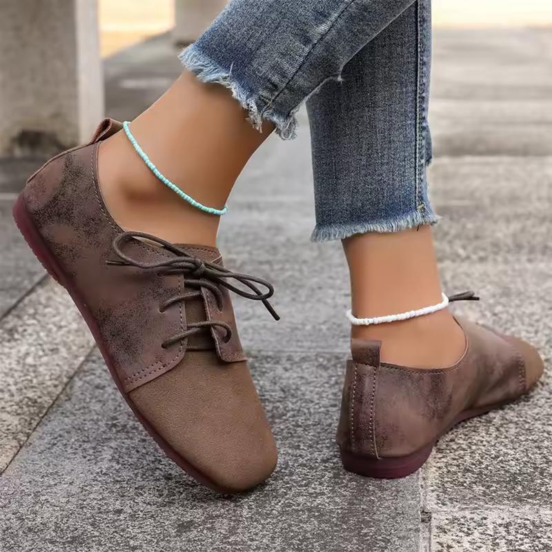 Zapatos planos de punta redonda marrones para primavera y otoño, zapatos planos de ante sintético con cordones para mujer, zapatos casuales suaves para caminar de talla grande para mujer