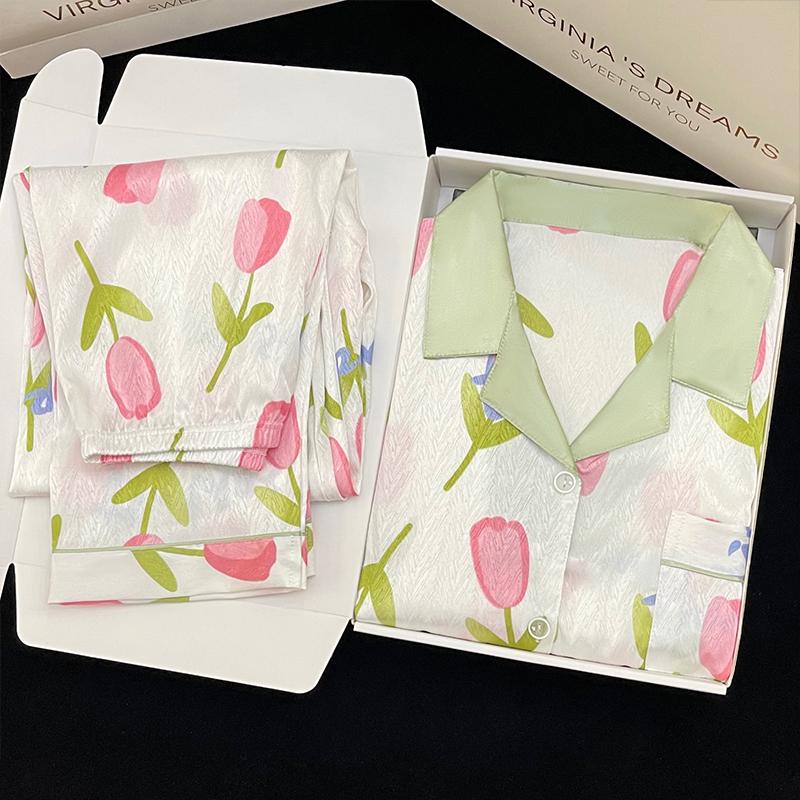 Pyjamas Damen Seiden-Langarmpyjamas Pyjama-Anzug mit Blumendruck Hochwertige Eisseide Kann Draußen Als Pyjama Für Zu Hause Getragen Werden