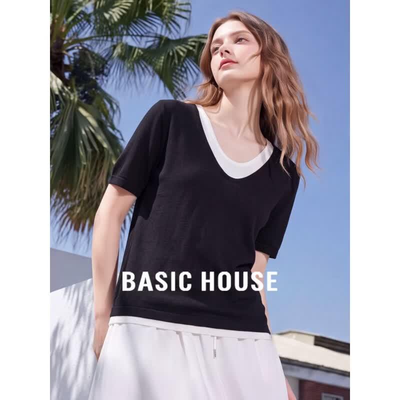 Basic House Women s Fake Two-Piece Black V-Neck Tencel T-Shirt L