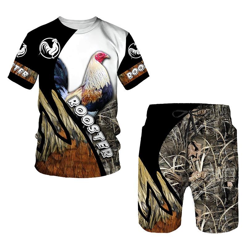 Hahnjagd Sommer Herren 3D-Druck Mann Set T-Shirt + Shorts Outfit Trainingsanzug Hahn Tier Kurze Ärmel 2-teiliger übergroßer Anzug