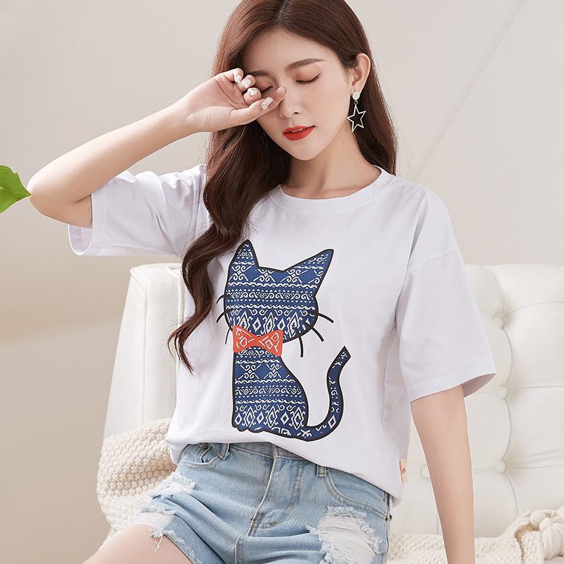 Spring New Short-sleeved Ins Korean Version T-shirt Girls Round Neck Casual Printed Tops Fashionable and Cute Women's Clothing