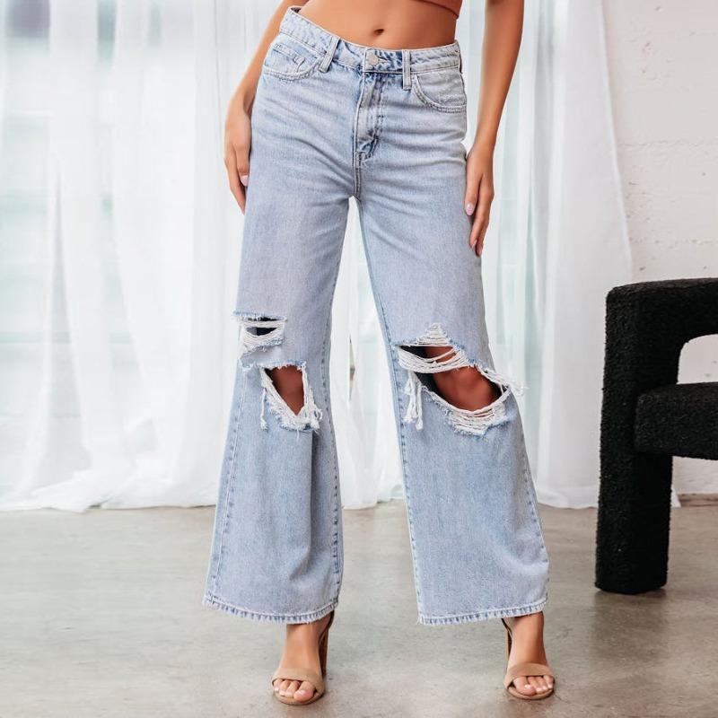 Knee ripped jeans women's high-waisted long wide-leg pants light-colored washed casual pants