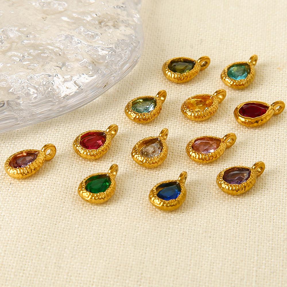 18K Gold-Plated Zircon Water Drop Hammered Pendant - Stainless Steel, Waterproof DIY Jewelry Accessory