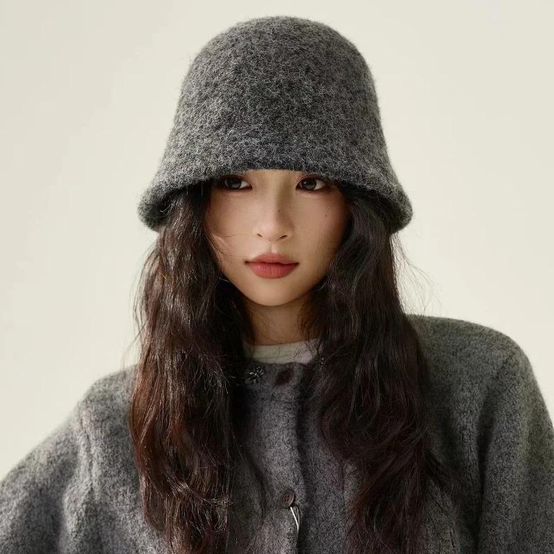 Ins Fashion Ladies Fluffy Panama Korea Designer M Wool Warm Bucket Hat For Women Fashion Fisherman Winter Hats Cap
