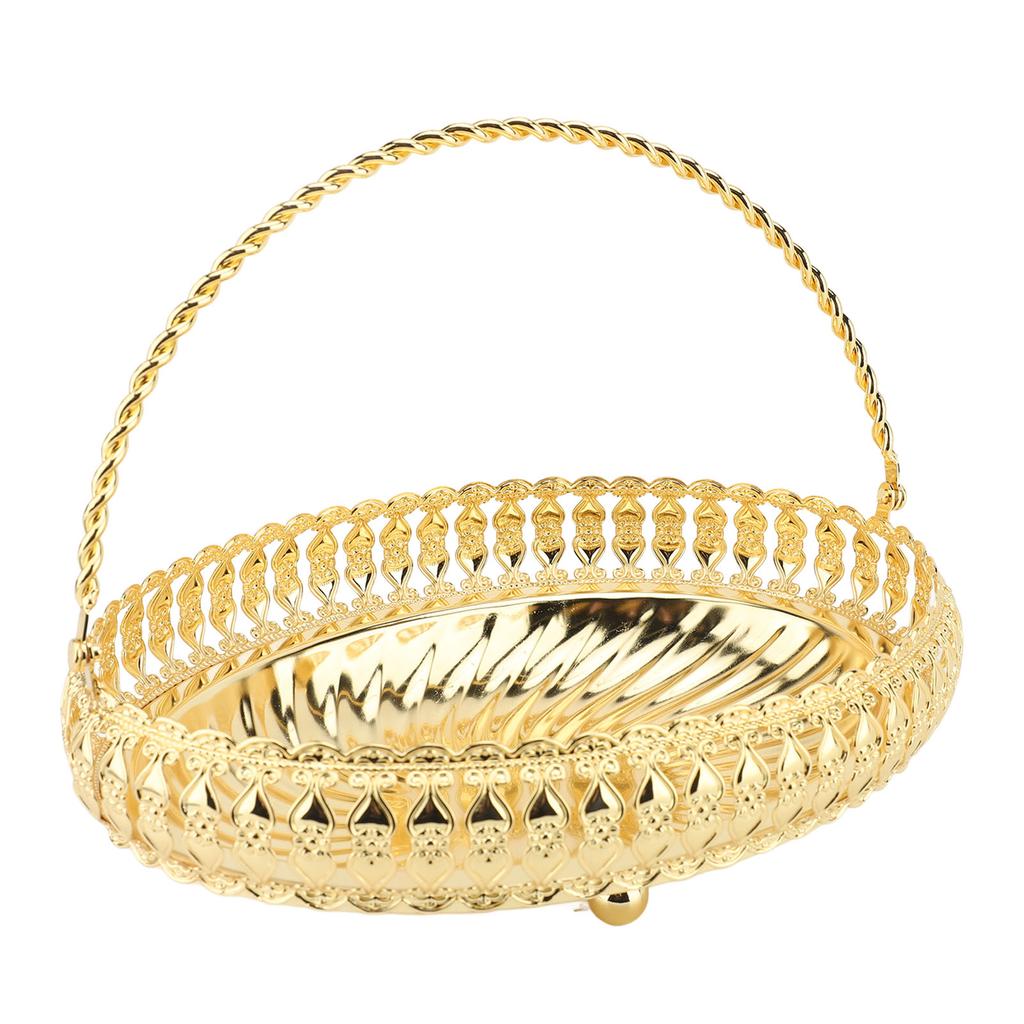 Rund Fruktskål med Handtag Guld Färg Legering Retro Rund Torkad Fruktbehållare för Fester