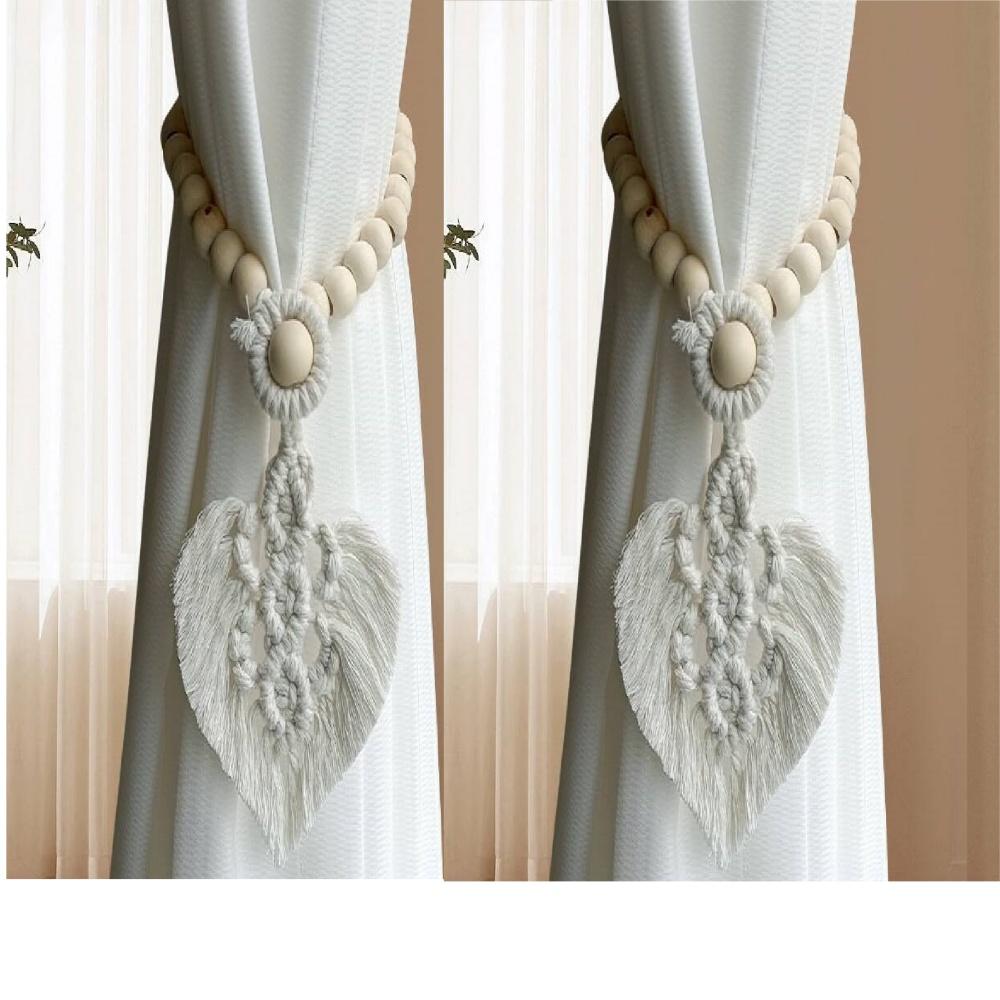2-Pack Hand-Woven Cotton Curtain Ties – Bohemian Style With Adjustable Wood Beads – No Tools, Indoor/Outdoor – Brown/Gray/White  White